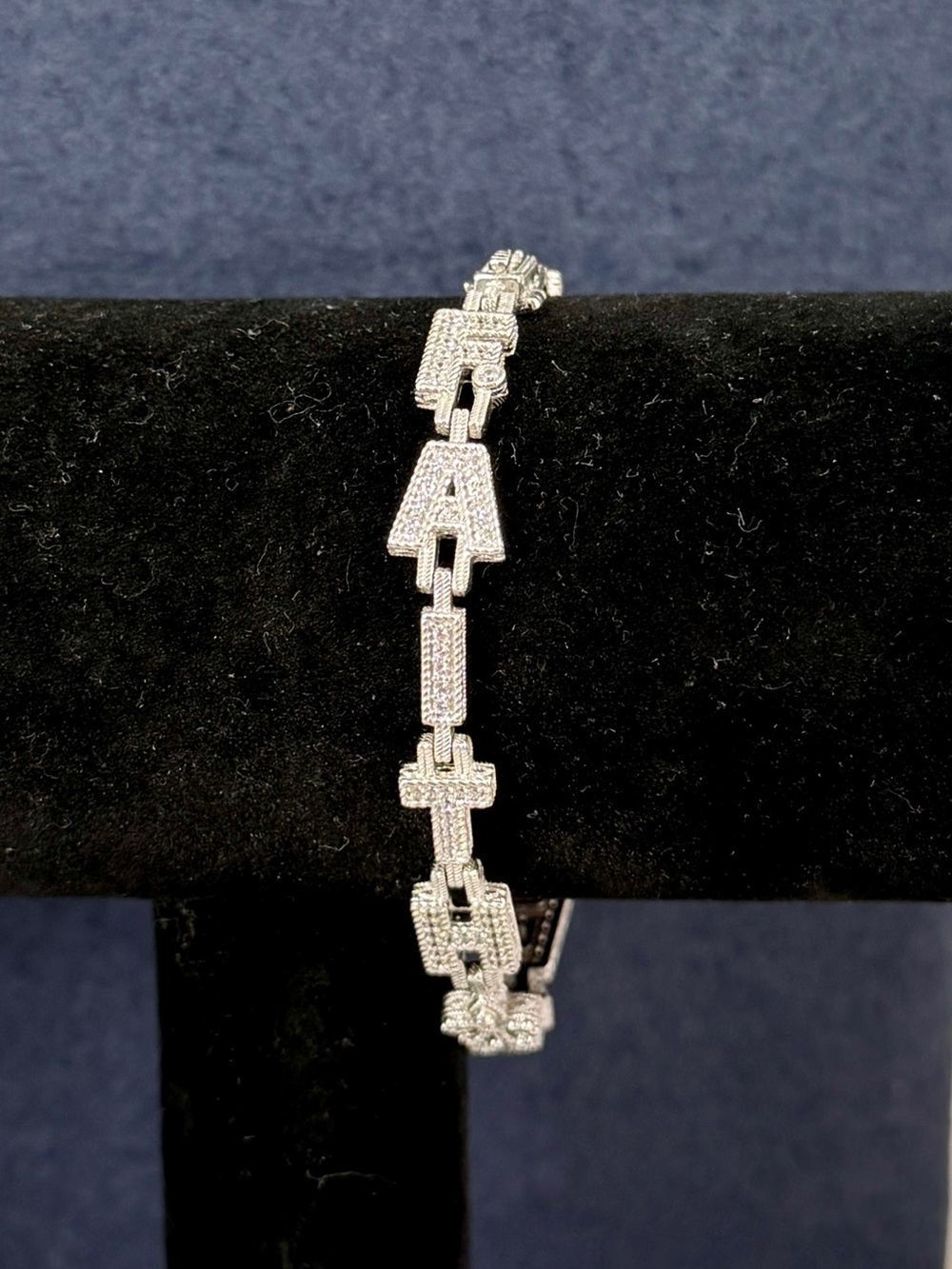 JUDITH RIPKA Sterling Silver CZ F.A.I.T.H. Link Bracelet; 7.5”